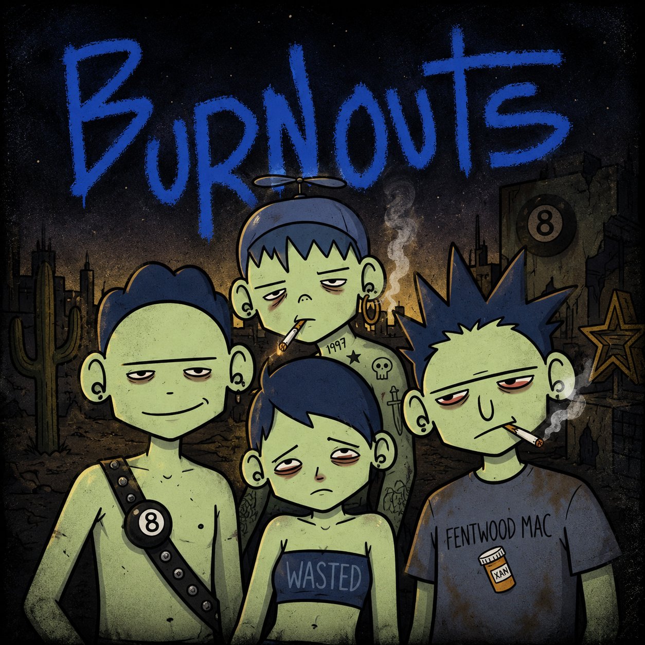 Burnouts characters in a decaying city